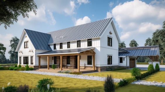White farmhouse-style barndominium with a metal roof and a covered porch