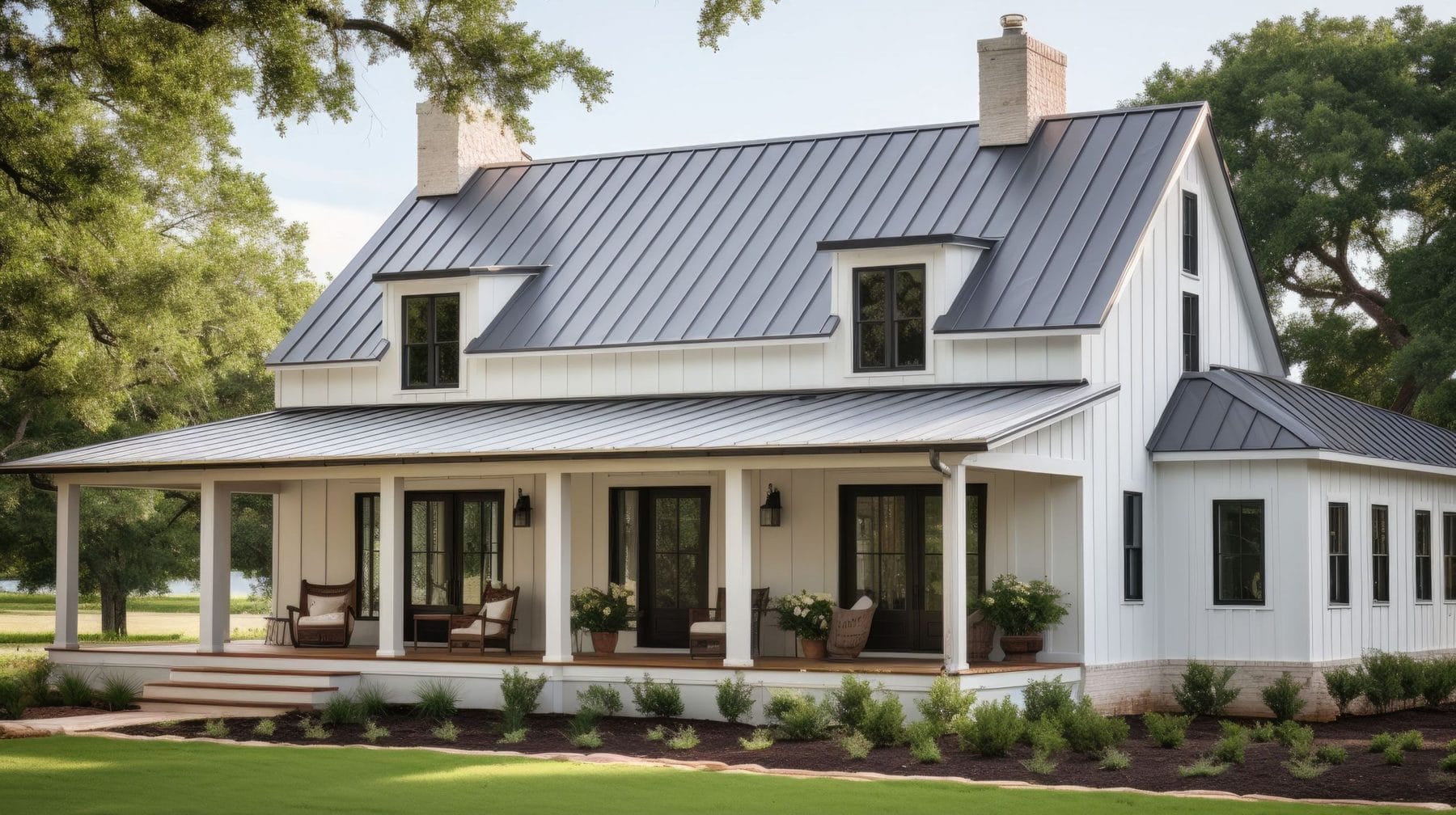 Two-storey white barndominium with a wraparound porch